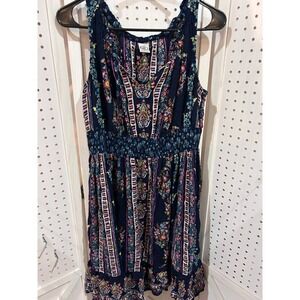 Bila Navy Floral Boho Smocked Waist Sleeveless Mini Dress Women's L